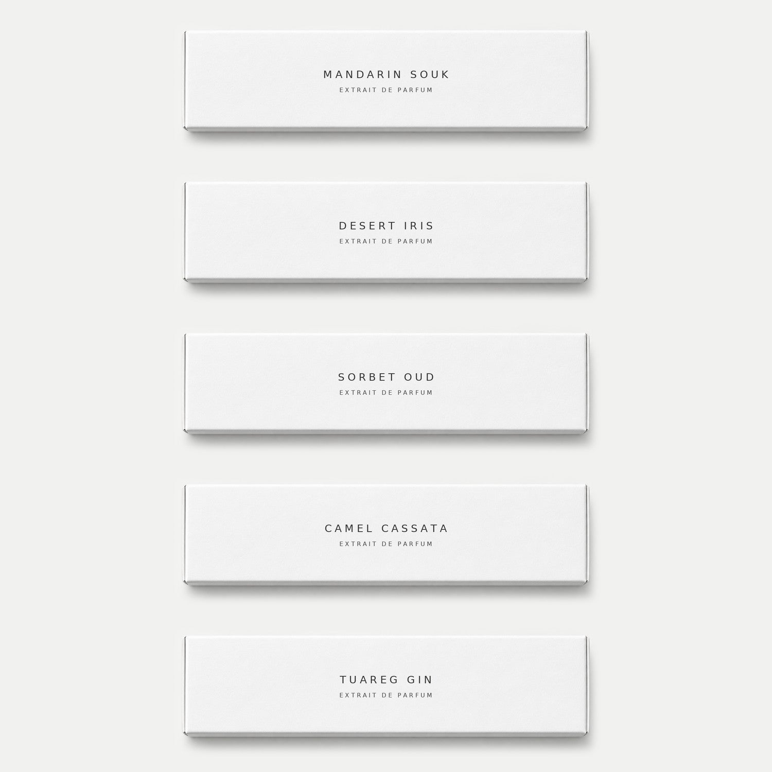I cinque campioni del Discovery Kit: Mandarin Souk, Desert Iris, Sorbet Oud, Camel Cassata, Tuareg Gin