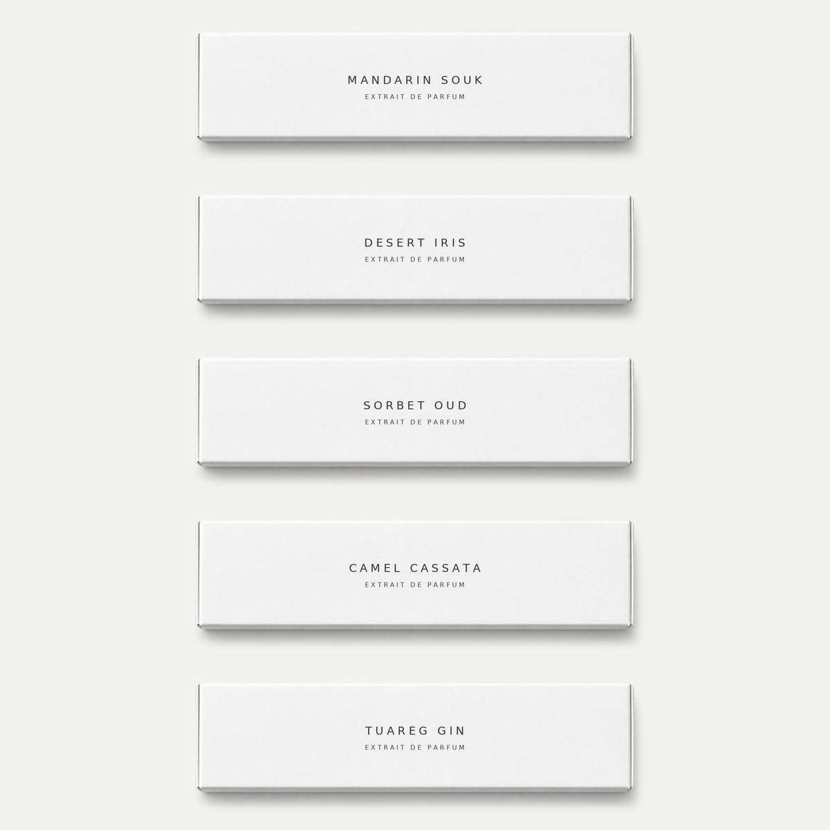 I cinque campioni del Discovery Kit: Mandarin Souk, Desert Iris, Sorbet Oud, Camel Cassata, Tuareg Gin